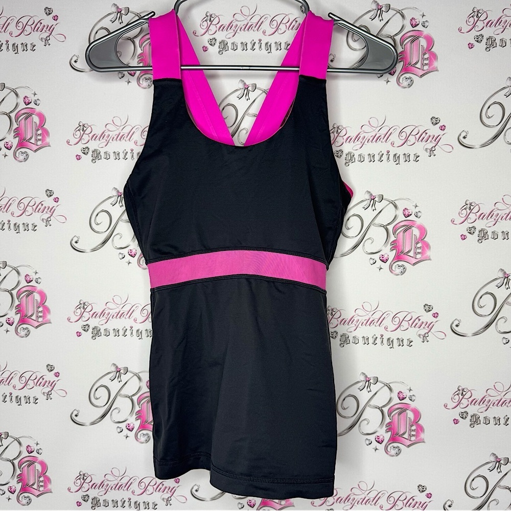 Lululemon tank top workout shirt pink grey vintage criss cross back racer yoga